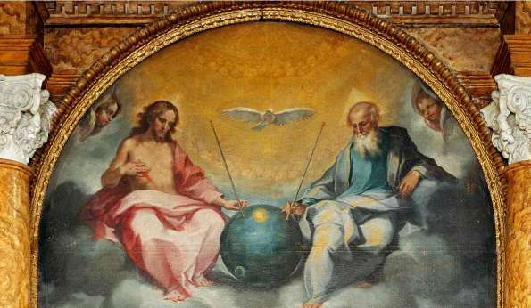 Vemos dos hombres con una figura de una esfera azul que parece el primer satélite ruso