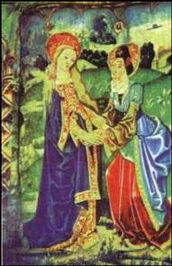 Otra vez una pintura antigua donde se encuentra Maria con otra mujer conversando y al fondo aparece como la figura de un sombrero  