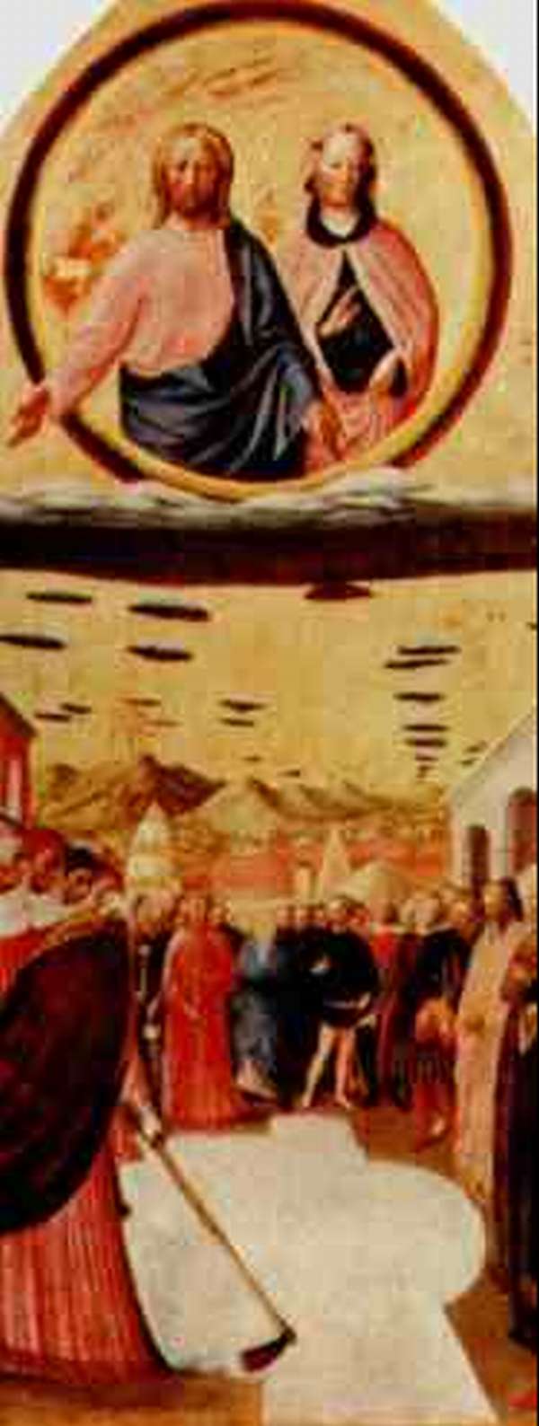 ESta es una pintura antigua de jesus y maria con muchas personas se observa como una cantidad de círculos negros 
