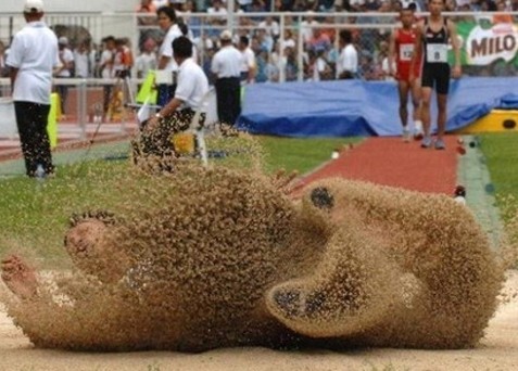 Miramos a un deportista en una competencia de salto y cuando cae queda totalmente cubierto de arena dando la idea de un oso café