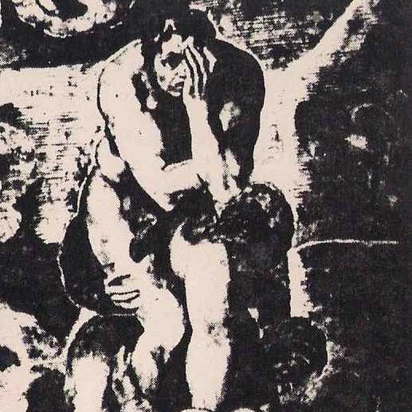 La figura de un hombre en blanco y negro donde otra persona le coloca una mano en la cara 