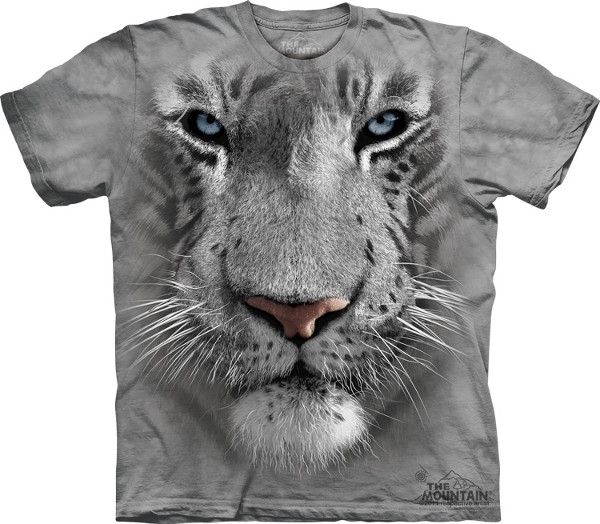 Observamos aca una camiseta gris clara con una figura de un tigre blanco muy tranquila su figura