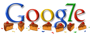 Vemos al logo de google con un numero siete y siete pedazos de pastel debajo de cada letra