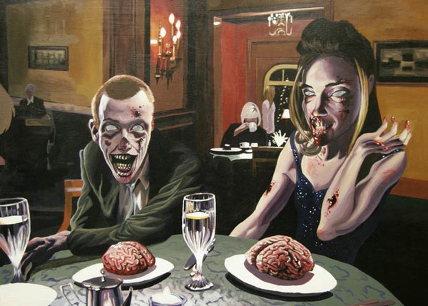 Una pareja de monstruos cenando copas de vino y platos con cerebros servidos y varias heridas