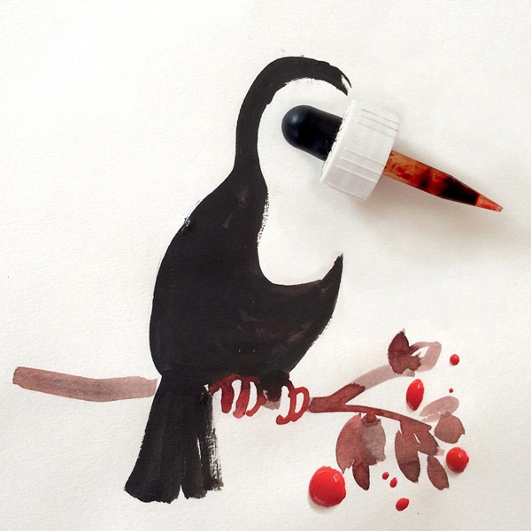 Se ve un gotero y pintado en negro la figura de un ave sobre un palo de arbol