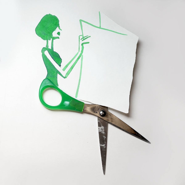 Dibujo creado a través de unas tijeras con una mujer leyendo prensa