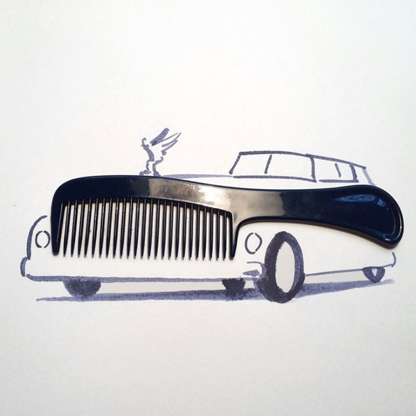 Dibujo en color negro muestra un carro marca roll-royce y un peine que se pega en la parte de las luces