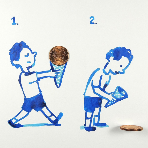 Observamos en el dibujo dos figuras azules de niños con conos de helado y al final una moneda  y en la otra figura  se ha caido al suelo 