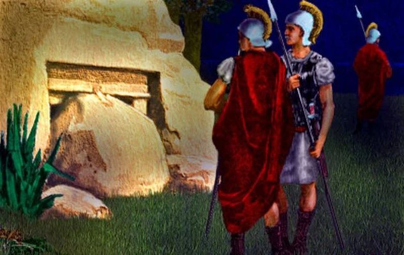 Dos soldados viendo la piedra gigante de la tumba de Jesús