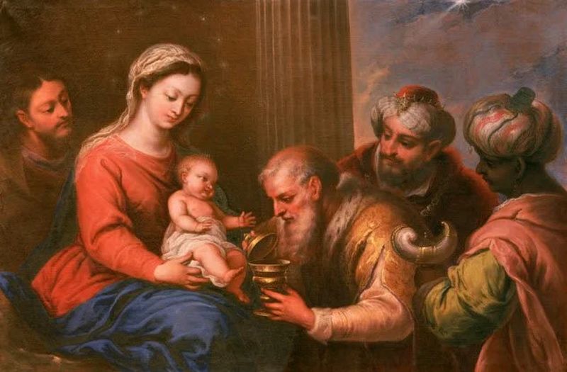María sosteniendo a Jesús mientras le dan los regalos
