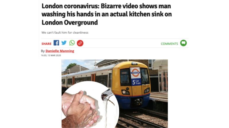 Noticia en internet mostrando un tren y un hombre lavandose las manos