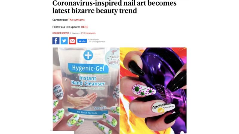 Noticia en internet con una portada de unas uñas decorada sobre el tema del coronavirus