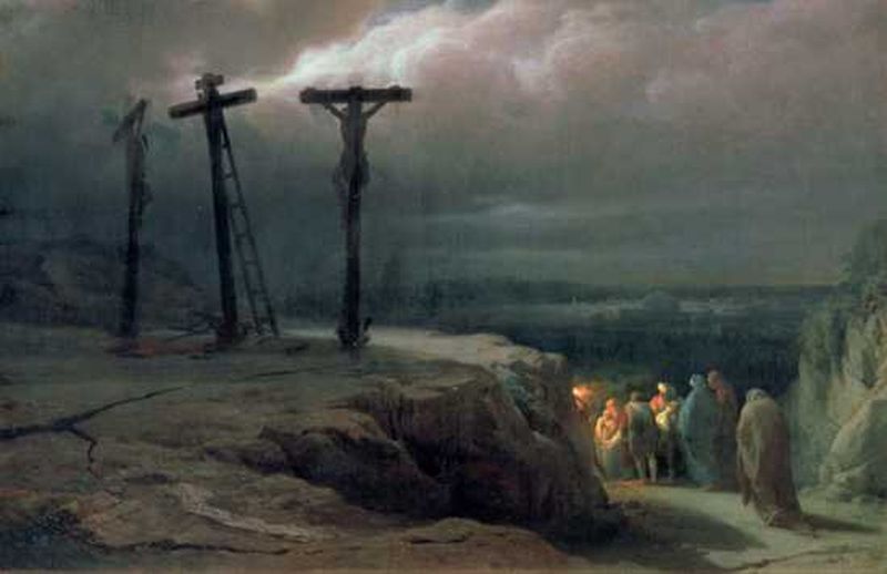 Grupo de personas que se van del lugar de la crucifixion
