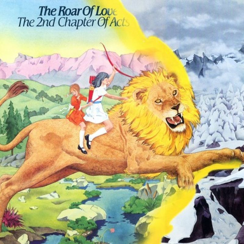 Dos mujeres montadas en un león una de ellas lleva en su mano un arco atraviesan un rió de un salto 