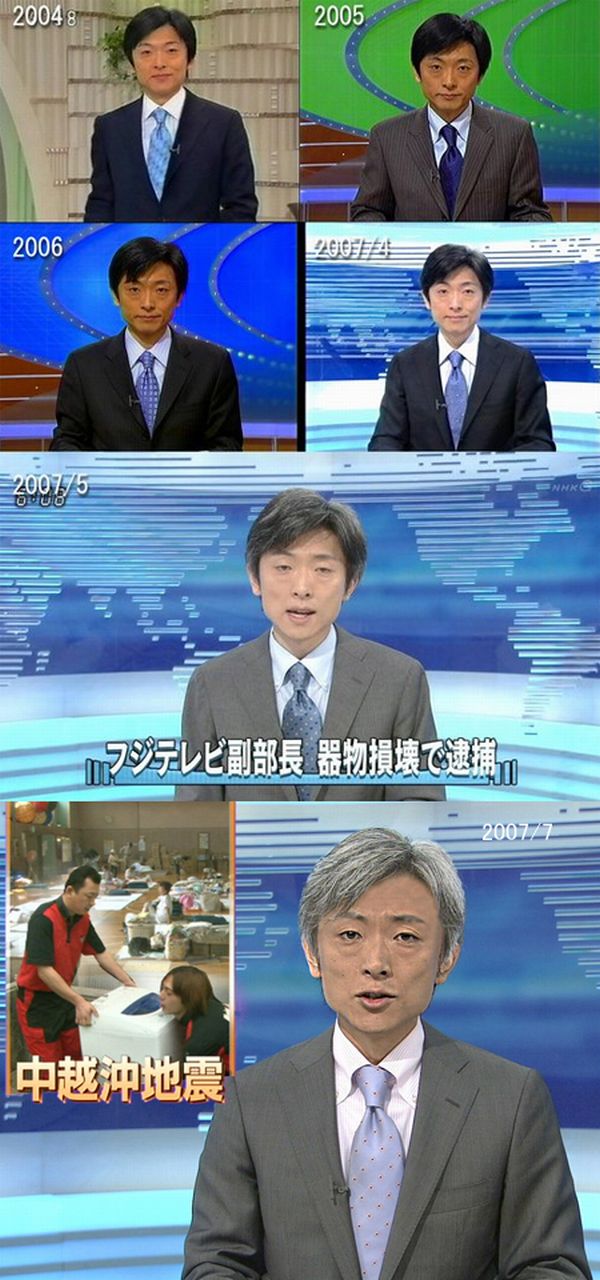 Un hombre presentador japones le haces una secuencia de fotos de diferentes años tratando de mostrar su rápido envejecimiento