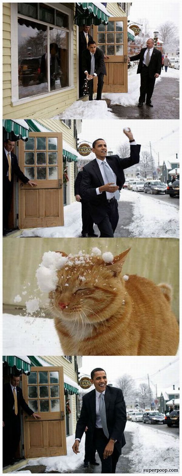 Obama haciendo bolitas de nieve para tirarle a un gato