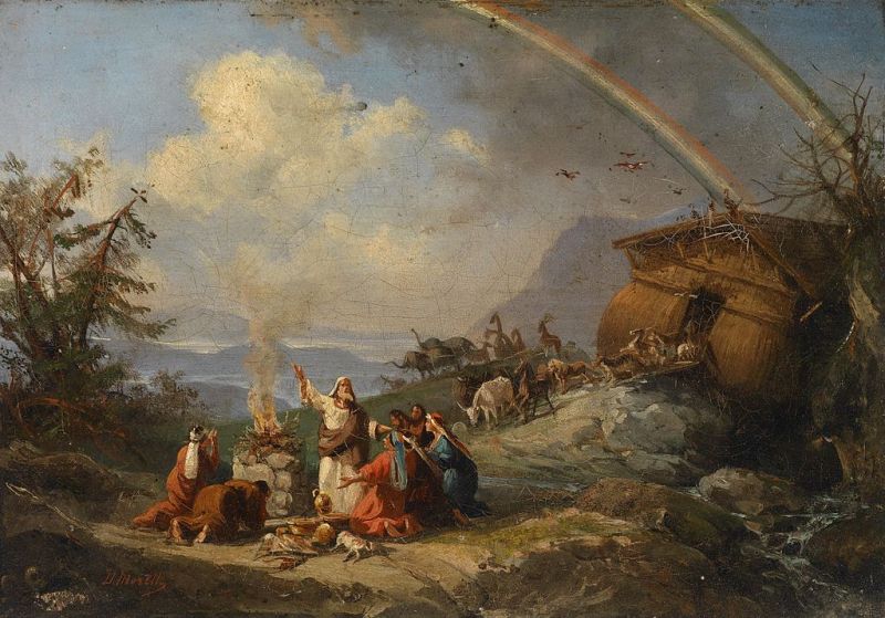 El arca de Noé y su familia alrededor de una fogata