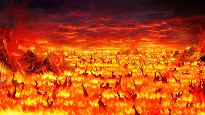 Panorama con lago de fuego y personas sufriendo