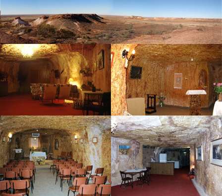 Vemos una capilla un sala y varios sitios de la iglesia dentro de una cueva subterranea