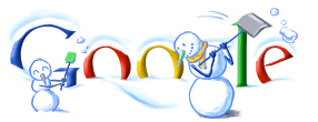 Vemos la palabra google con dos muñeco de nieve una con una rosa  y el otro con una pala