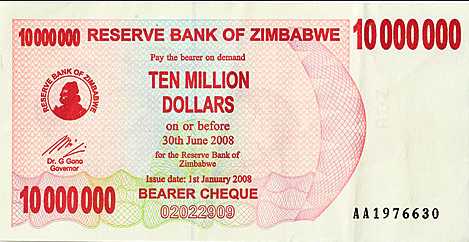 Vemos un billete de diez millones de dolares del banco de zimbabue  