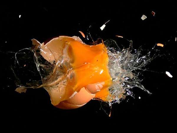 Un huevo que explota donde su yema la vemos en una forma desigual y su yema  como gelatinosa y  su cascara  en pequeños pedazos que vuelan