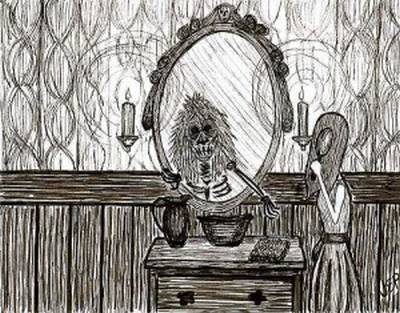 Vemos un dibujo de un espejo donde hay un feo dibujo como de un ser diabólico y al lado otra figura de una mujer con un casco en la cara    