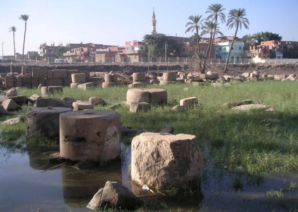 Vemos unas ruinas de una antigua ciudad donde se ven todavia palmeras y cimientos donde  estuvo 
