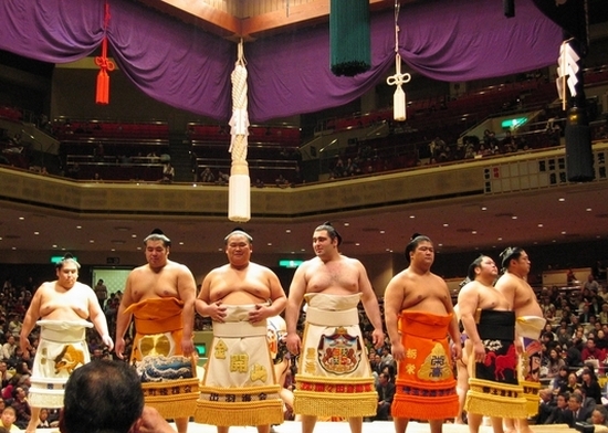 Un gran número de personas que practican sumo se preparan para competencias