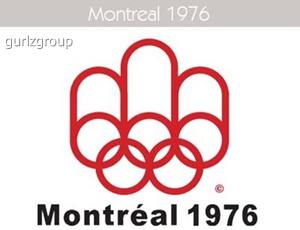 Vemos un logo en amarillo con tres figuras y abajo estan los cinco aros entre    lasados y mas abajjo   Montreal 1976      