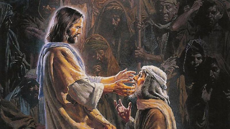 Pintura de Jesús con una persona arrodillada