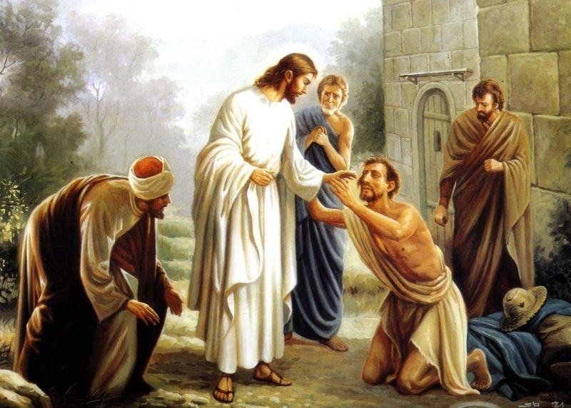 Pintura de Jesús con una persona de la calle