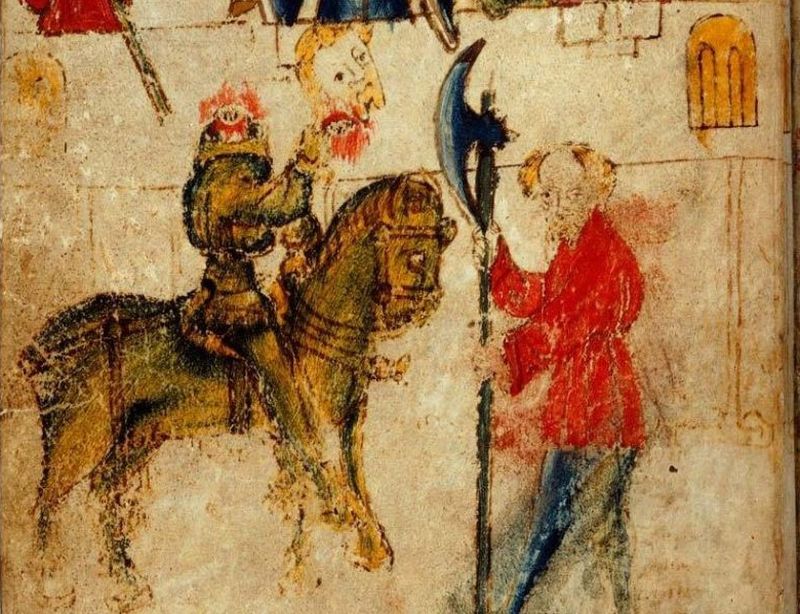 Un hombre montado en un caballo con armadura en frente de otro con una hacha muy grande