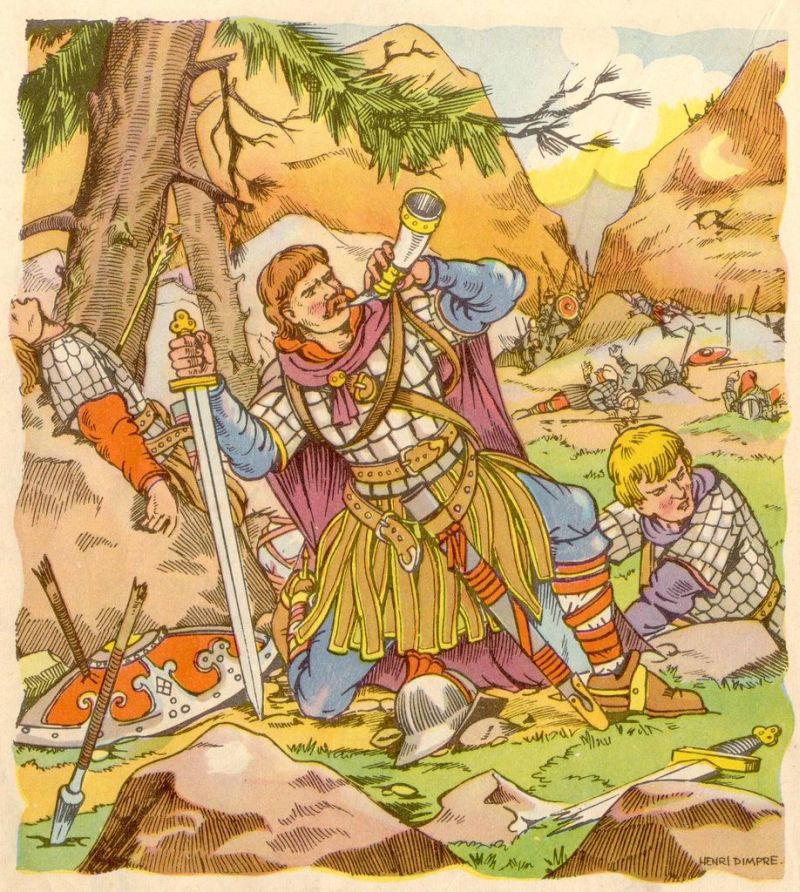 Un hombre en medio de una batalla con un cuerno y espada al lado