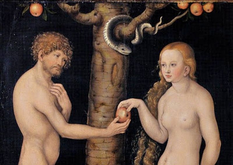 Adan y Eva juntos con la manzana