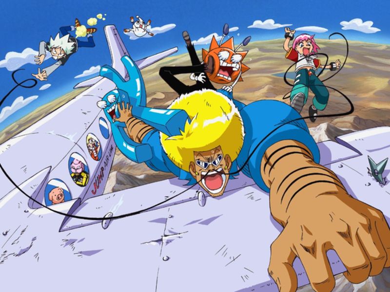 Varias personas sostenidas de un avion