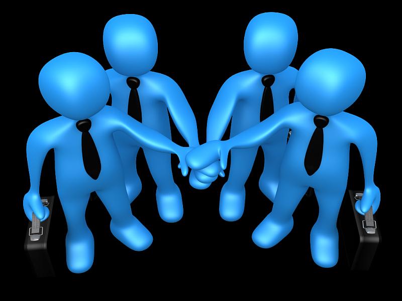 Vemos unas figuras que simulan personas con traje y corbata agradeciéndose  algún logro conseguido