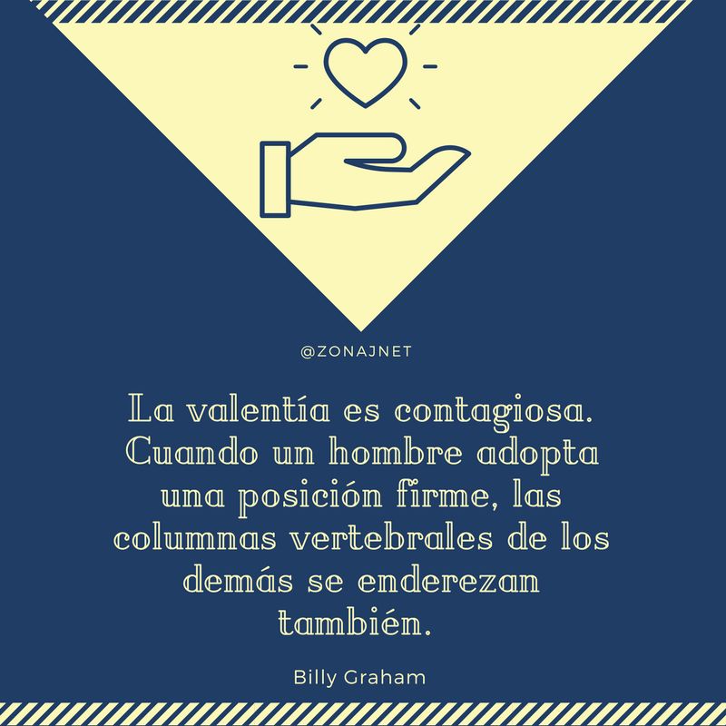 Un cuadrado azul con un triangulo amarillo encima en el cual hay una mano  y encima un corazón  y mensaje sobre la valentia