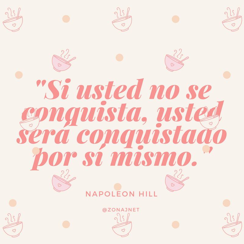 Vemos un fondo donde vemos muchas tazas de sopa humeante y una frase asi si usted nose conquista sera conquistado por si mismo