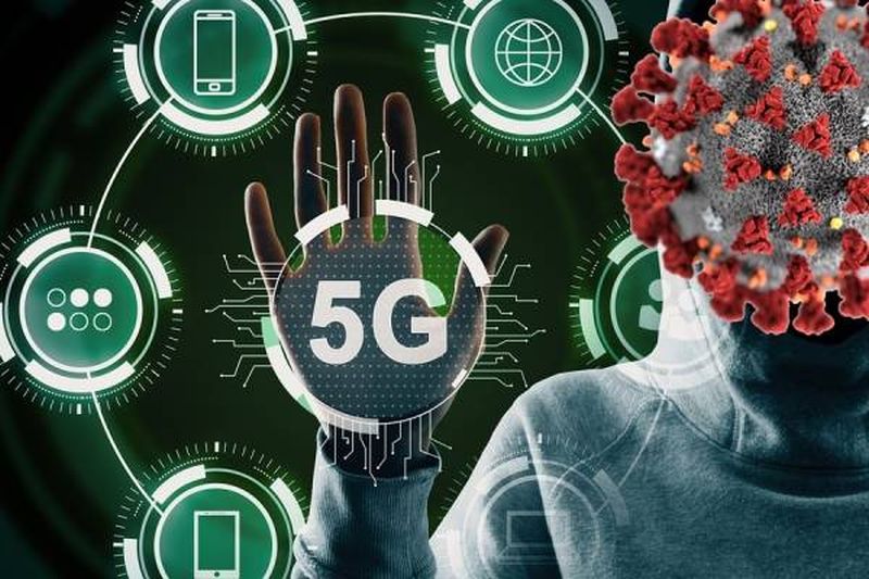 5G y una persona con la cara del coronavirus