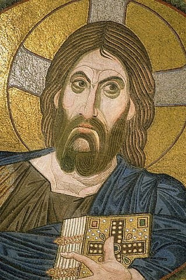 Una pintura de jesús estilo icono de una época muy antigua en varios colores