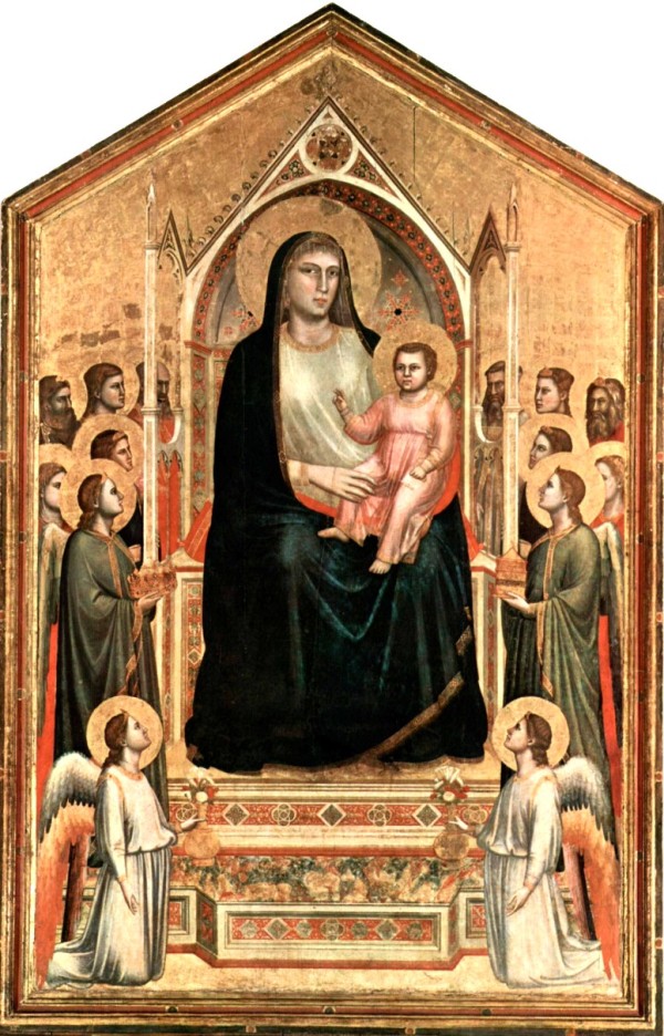 La virgen con jesús niño sentado en su regazo  a sus lados se ven otras imágenes y angeles