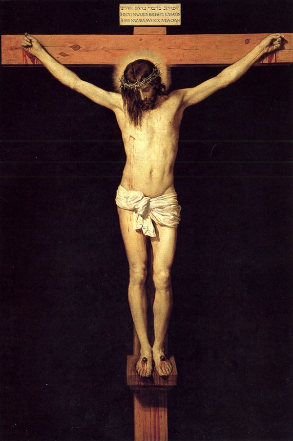 Jesús en la cruz  con corona de espinas  ya ha muerto