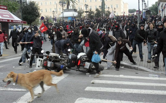 Una protesta callejera una moto en el suelo y otra vez el perro aparece